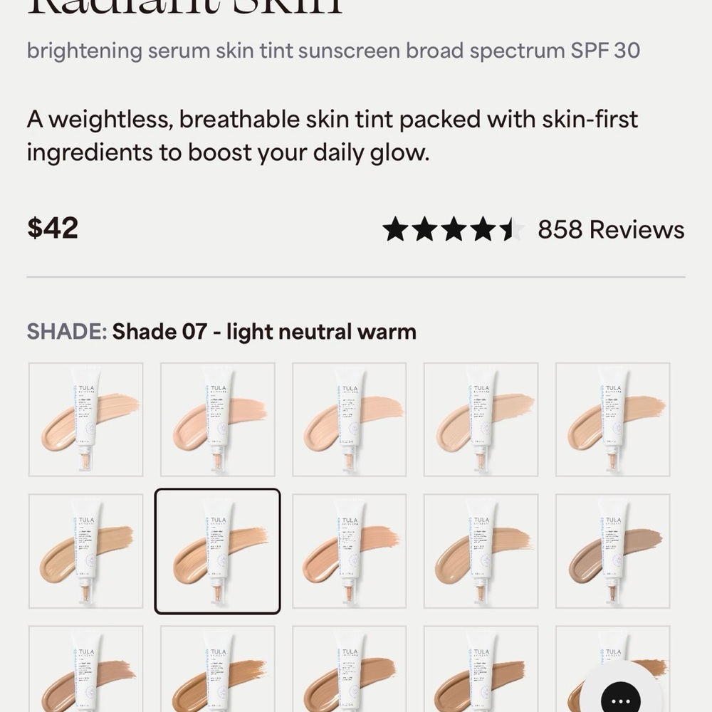 Tula Skincare Radiant Brightening Serum Light Neutral Warm Skin Tint SPF 30